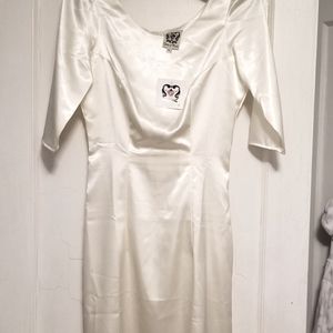 Vintage inspired ivory satin 3/4 sleeve midi dress